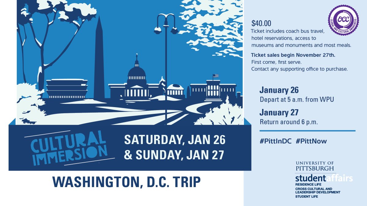 Tix for this program are now on sale on the 6th floor of the William Pitt Union. Ticket includes coach bus travel, hotel reservations, access to museums and monuments and most meals. For #PittinDC of social for more!