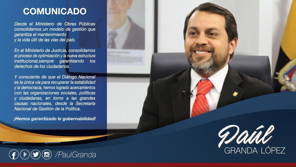 PaulGranda's tweet photo. Gracias Presidente @Lenin por permitirme ser parte de #ElGobiernoDeTodos. El Gobierno que piensa en la gente, en especial en los más necesitados. Cuente con mi apoyo, seguiré trabajando con la misma honestidad y responsabilidad desde el lugar que el país lo requiera. https://t.co/iUXN46bjfd