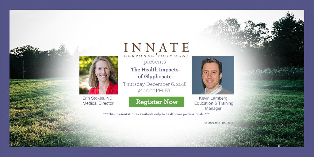 INNATEResponse's tweet photo. Hey, practitioners! Join us on December 6th for our monthly Q&amp;A webinar with Erin Stokes, ND and Kevin Lamberg where we're going to dive deep into the health consequences of #glyphosate for your patients. Register here and watch live or OnDemand: https://t.co/JRFmzF1Nhx https://t.co/dH32ay8VjD