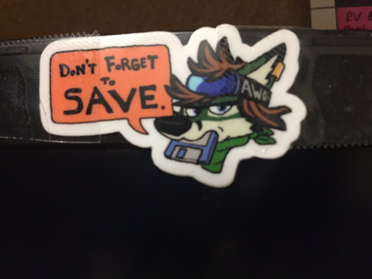 morihart13's tweet photo. Got this handy thing on my laptop cause it be words to live by
Thanks Jib Kodi!
(Taped because don’t need that tiny bit sticking to my actual screen)
#furry #furfest #furfest2018 #DontForgetToSave #mff https://t.co/Pq4QJwg59m