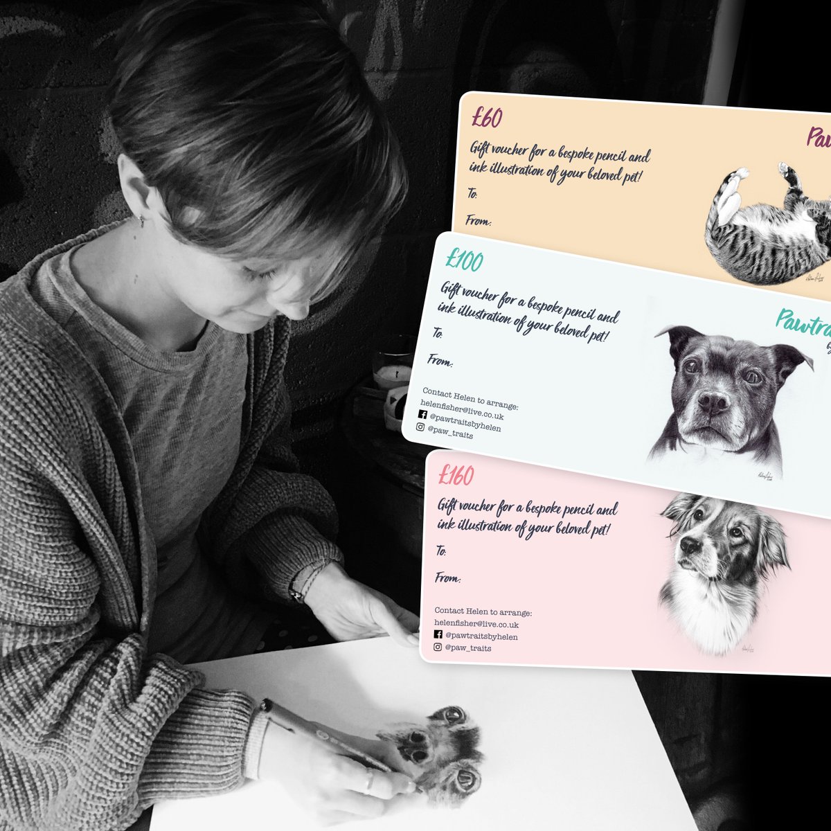HelenFisher_'s tweet photo. Why not give the experience of commissioning a Pawtrait for Christmas 😀 I've got a range of gift vouchers available - for different sized illustrations. Posted to your door before the 21st of December. Message for more info 🐾 #petportrait #bespokeillustration #petsoftwitter https://t.co/WsCW5NTZ4H