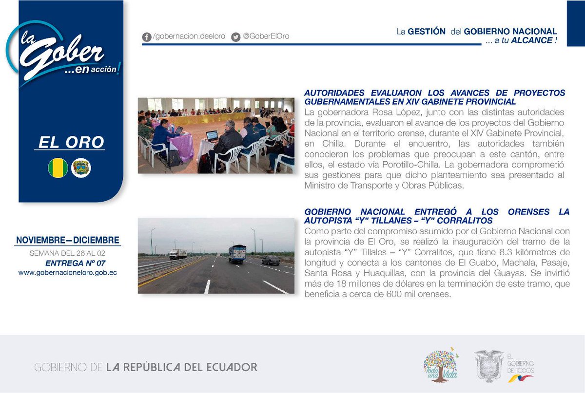 #Machala | Compartimos un resumen de las actividades liderados por la Gdora. <a href="/RosaLuzLM/">ROSA LÓPEZ MACHUCA</a> y el Ejecutivo Desconsentrado como parte del #GobiernoEnAcción durante la semana del 26 de noviembre, al 02 de diciembre. <a href="/Lenin/">Lenín Moreno</a> <a href="/mariapaularomo/">María Paula Romo</a> <a href="/ComunicacionEc/">Comunicación Ecuador 🇪🇨</a> <a href="/PoliticaEc/">Política Ecuador</a>