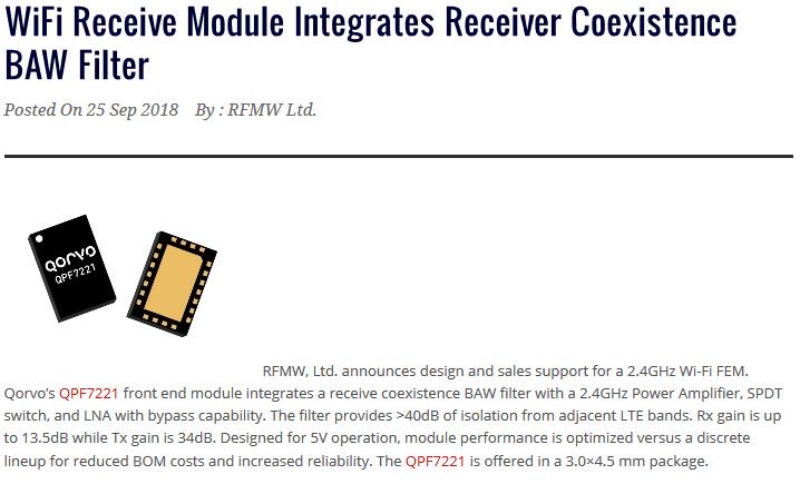 RFMWLtd's tweet image. Qorvo’s QPF7221 FEM integrates a Rx coexistence BAW filter with a 2.4GHz Power Amplifier, SPDT switch, and LNA with bypass capability.
rfmwblog.com/2018/09/25/wif…
@QorvoInc #Qorvo #RFMW #BAWFilter #WiFi
