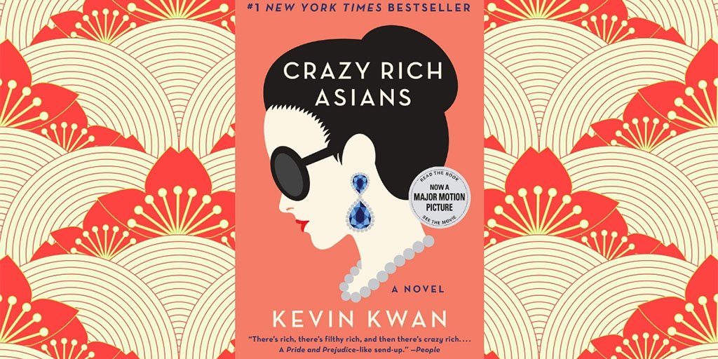 The book cover for Kevin Kwan's Crazy Rich Asians set on a patterned background