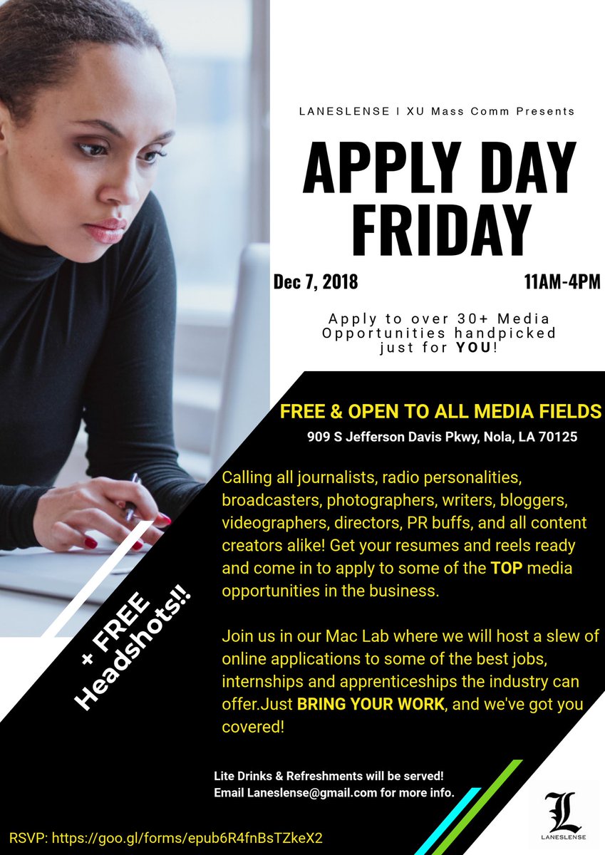 XULA Mass Comm Department (@xulamasscomm) on Twitter photo It’s application season & This Friday @LanesLense and #XulaMassComm will ensure you do NOT miss the chance to land internships/fellowships/jobs next spring & summer... so drop by #applydayfriday and make that start to your career <a href="/ShearonRoberts/">Shearon Roberts</a> @drtiasmith75 <a href="/rlgrant6/">Dr. Rachel Grant</a> <a href="/XUNABJ/">Xavier NABJ</a> It’s application season & This Friday @LanesLense and #XulaMassComm will ensure you do NOT miss the chance to land internships/fellowships/jobs next spring & summer... so drop by #applydayfriday and make that start to your career <a href="/ShearonRoberts/">Shearon Roberts</a> @drtiasmith75 <a href="/rlgrant6/">Dr. Rachel Grant</a> <a href="/XUNABJ/">Xavier NABJ</a>