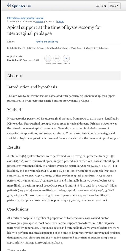 YorkLawLondon's tweet image. Better training &amp;amp; awareness of the need to support the Vaginal Apex during Hysterectomy. Failiure to support can lead to Iatrogenic Prolapse ie Vagina, cystocele, rectocele. More frequent in Generalists &amp;amp; Gynaecologists
Then #Mesh used #SoMe4Error @SoMe_so link.springer.com/article/10.100…