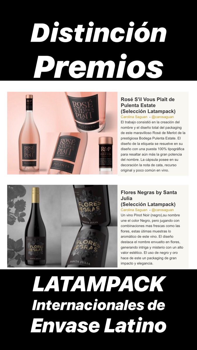 carosaguan's tweet photo. Feliz es poco! Un año más de esta distinción de @veredictas #Latampack2018 #veredictas con estos grandes trabajos para @PulentaEstate y @SantaJuliaARG a seguir diseñando la imagen del vino con mucho entusiasmo!!! Salud https://t.co/e0mc8AAh2m