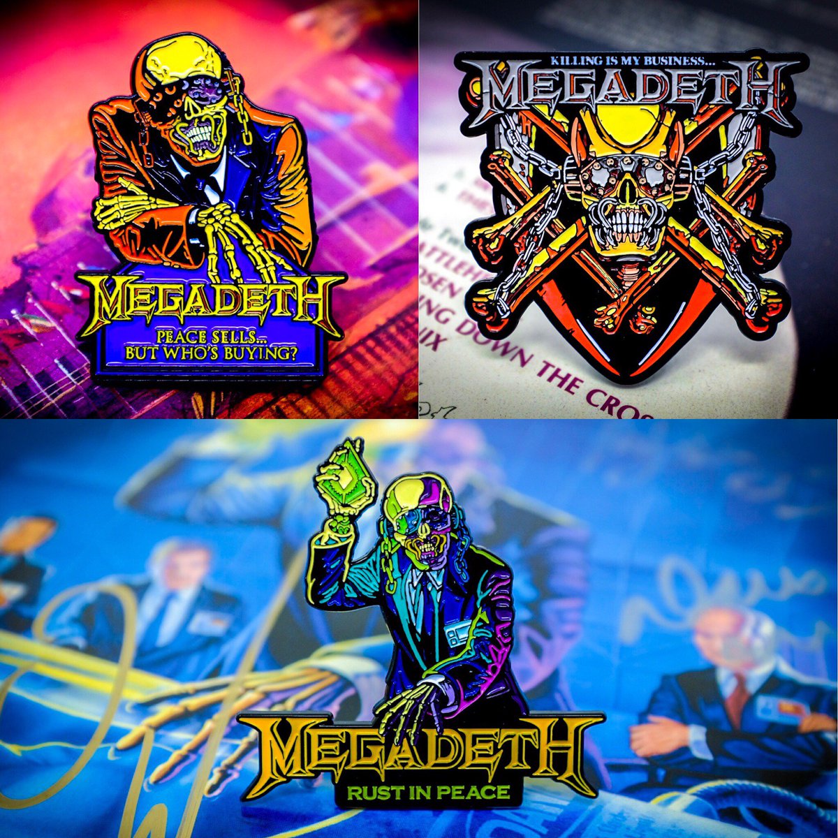 Megadeth's tweet photo. Officially licensed Peace Sells... Killing Is My Business... and Rust in Peace... pins available now at https://t.co/qDTVG8Jtu7 https://t.co/8eMgUjmBsN