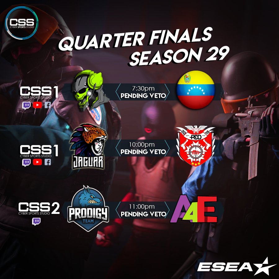 csportstudios's tweet photo. Desde las 7:30pm (-5GMT) ven a ver matchs por l la #Liga @ESEA #Latam.

@Niknexus 🇵🇪 🆚 #QUERUBINESNEGROS 🇻🇪
#teamjaguar 🇬🇹 🆚 #RED 🇨🇴

🎥 https://t.co/AUlCIz0NOT
🎥 https://t.co/qrkU6kraVA 
🎥 https://t.co/oeGc3LnJM9

#A4E 🇲🇽 🆚 @TEAM PRODIGY  🇪🇨

🎥 https://t.co/3HUUEvs8YO https://t.co/uIF0sJOOXc