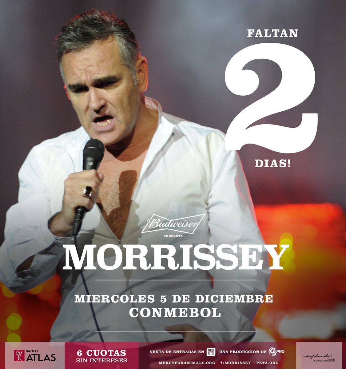 G5pro's tweet photo. En 2 días tendremos a Morrissey en vivo en la Conmebol! 🙌🙌

No te pierdas esta oportunidad de recorrer los éxitos de su carrera!

Entradas en @RedUTS_Py ➡ Online: https://t.co/01FLPXKJ59

Clientes Banco Atlas con 10% de descuento!

#MorrisseyEnPY #BudMadeForMusic https://t.co/rnWyhUHPlp