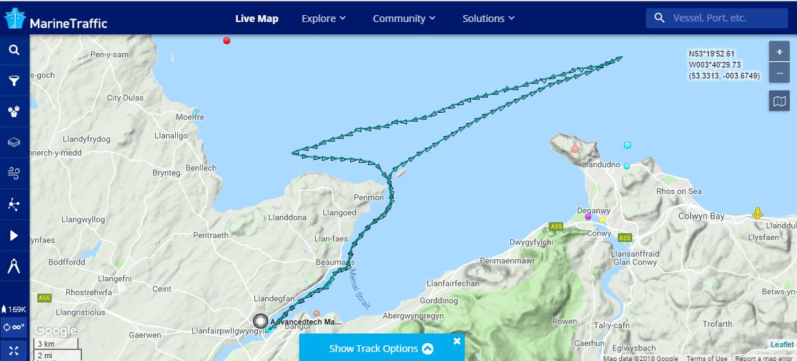ProfNeill's tweet photo. Here is the route of our @BangorUni #RV #PrinceMadog teaching cruise today - a full day out, with 9 stations visited from #Constable #Bank to #RedWharf Bay #Anglesey #CTD #Trongo #Chlorophyll #SPM #Secchi #Shipek grab https://t.co/SRX4YeOFb0