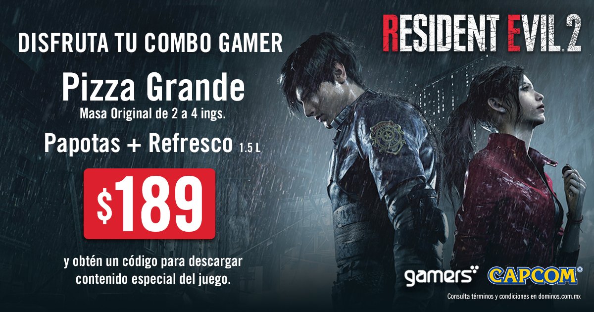 MxGameWeek's tweet photo. Resident Evil 2 se une a la iniciativa #DominosPizzaYJuega @dominosmx anunció su cuarto Combo Gamer y ya pueden pedirlo desde el sitio web o la APP @dominosmx con el que podrán obtener un código con contenido especial del juego 😱 #ResidentEvil2MX https://t.co/wFikbC6yHv