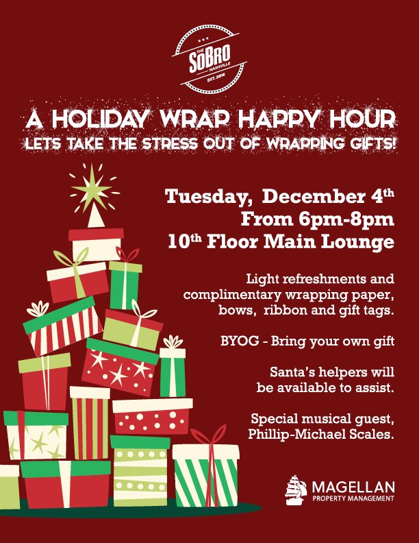 Join us for a Holiday Wrap Happy Hour &amp; enjoy complimentary gift wrapping, light refreshments, &amp; music by <a href="/PhillipMScales/">Phillipmscales</a> tomorrow evening from 6-8 PM in our 10th-floor lounge! #TheSoBro 😁🎄🎁
