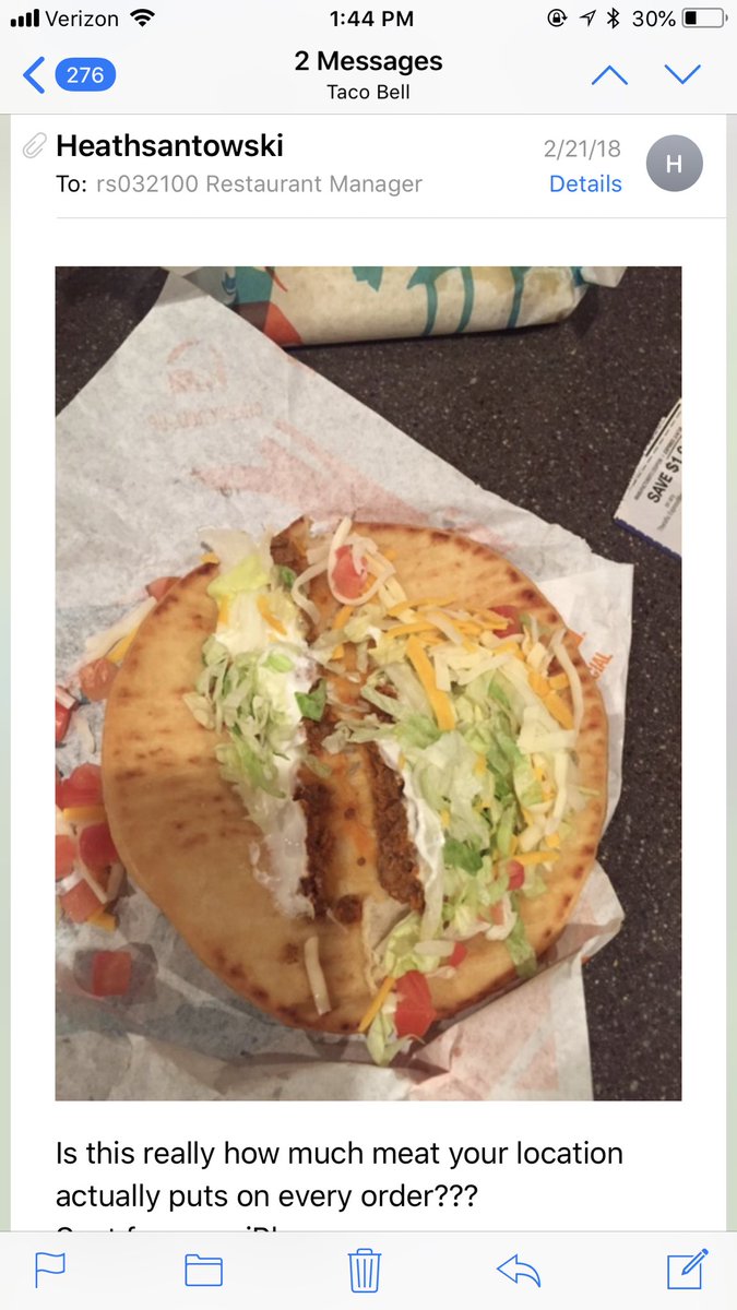 heathsantowski's tweet photo. Throwback to when I sent a hate email cuz I was so mad at my @tacobell order. 😂 still haven’t eaten there since. https://t.co/Gq0Dzsmv0x