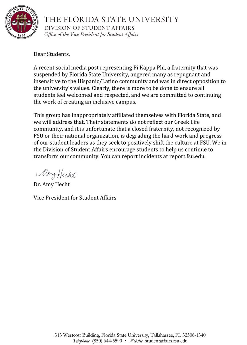 A recent social media post representing Pi Kappa Phi, a fraternity that was suspended by @floridastate, angered many as repugnant and insensitive to the Hispanic/Latino community and was in direct opposition to the university’s values.