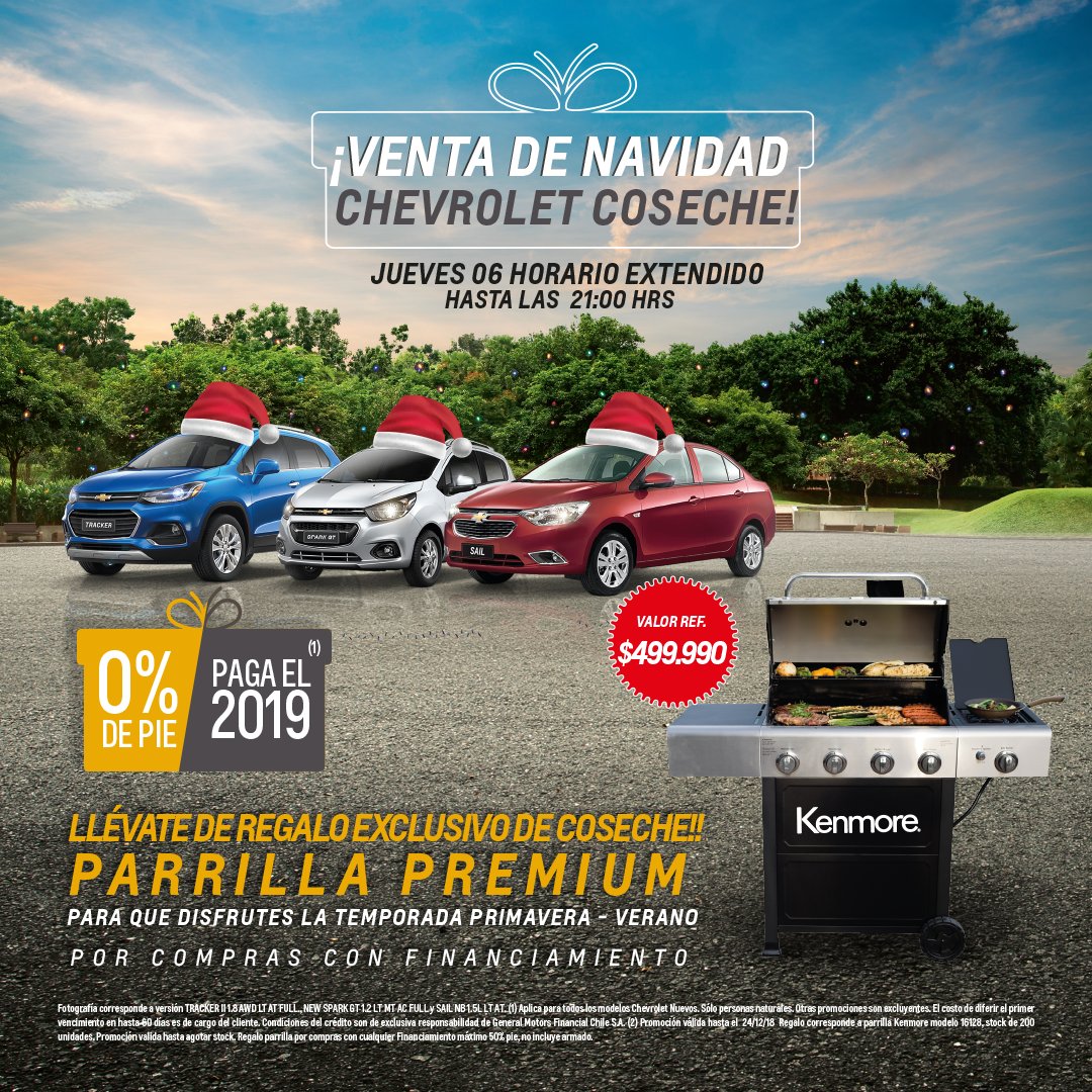 coseche's tweet photo. Ven a la venta de #Navidad #Chevrolet #Coseche este jueves 06 de diciembre, horario extendido hasta las 21:00 hrs. Aprovecha 0% de PIE, y comienza a pagar el 2019. ¡Regalos adelantados! 🎁 Por compras con cualquier financiamiento llévate de regalo una parrilla premium #Kenmore😎 https://t.co/zzgEYx9V6m