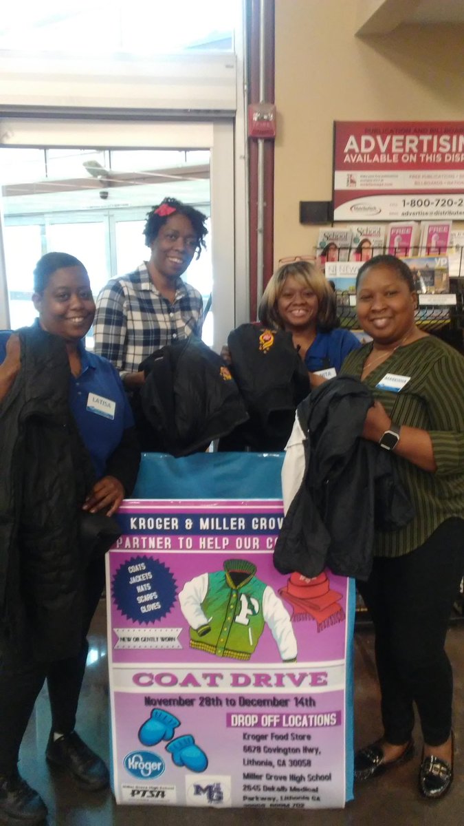 MGHptsap's tweet photo. The COAT DRIVE is well on the way at Krogers on Covington Hwy &amp; Miller Grove High.  Don't miss your chance to help your Community stay warm! @MillerGroveHigh @DeKalbSchools @CRNews_DeKalb @kroger @LithoniaChamber https://t.co/wTUJEjaj8E