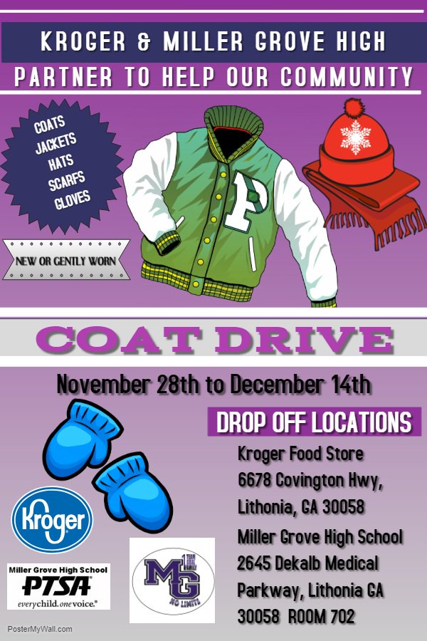 MGHptsap's tweet photo. The COAT DRIVE is well on the way at Krogers on Covington Hwy &amp; Miller Grove High.  Don't miss your chance to help your Community stay warm! @MillerGroveHigh @DeKalbSchools @CRNews_DeKalb @kroger @LithoniaChamber https://t.co/wTUJEjaj8E