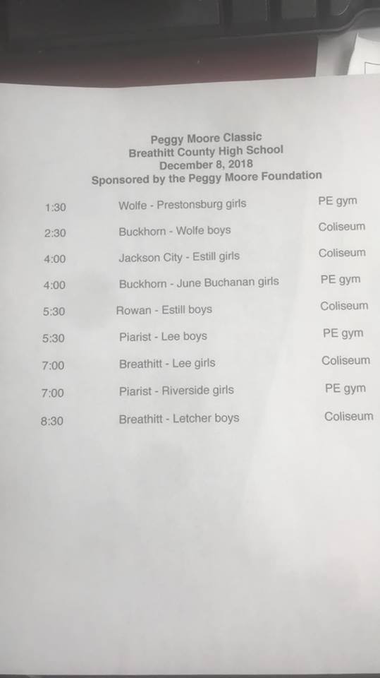 We will be at home 2morrow night against Rockcastle Co. Boy/Girl DH. Girls at 6, boys 2 follow. 

Sat. will be the Peggy Moore Memorial at Breathitt Co. It's a good tournament put on by Coach Noble &amp; Breathitt Co.  for a good cause. Looking 4ward to our game with Rowan Co. on Sat