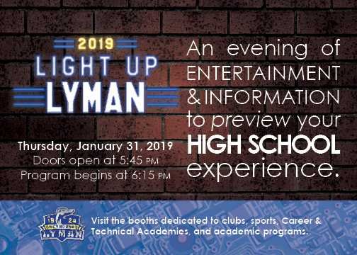 LymanCounselors's tweet photo. Spread the word Greyhounds....especially to our 8th grade future Greyhounds. Light Up Lyman will be held on January 31, 2019.  Mark you Calendar! https://t.co/S7ChlvXkNK