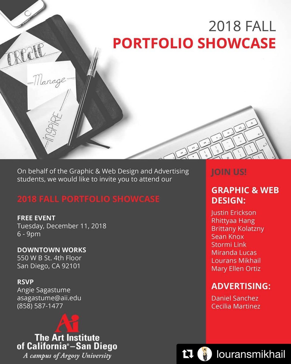 aigasandiego's tweet image. #Repost @louransmikhail 
Mark your calendars. Dec. 11, 6-9pm
My classmates and I will be sharing our best works with you @downtownworks . And thank you to @downtownworks for the beautiful location. 
@AiSanDiego @Art_Institutes #aicasd #aisandiego #aiproud #theartinstitutesandieg