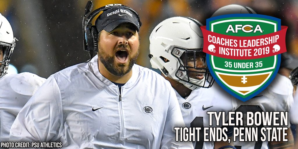 WeAreAFCA's tweet photo. Congratulations to @TylerBowen from @PennStateFball on being selected to participate in the AFCA 35 Under 35 Coaches Leadership Institute at the 2019 AFCA Convention in San Antonio. https://t.co/konY6M7aQh