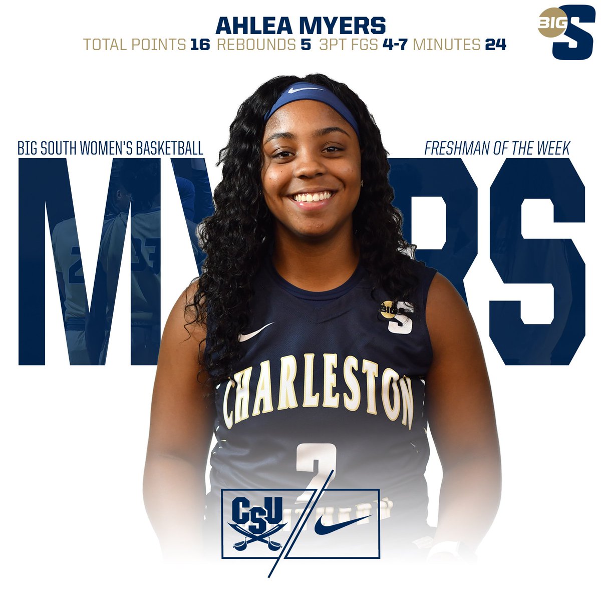 csusports's tweet photo. 1⃣6⃣ points off the bench at national power Georgia earns @CSUBucsWBB point guard Ahlea Myers the Big South Freshman of the Week #JoinTheSiege
🔗https://t.co/cKRMjL00Hd https://t.co/6hKMDCDPBM