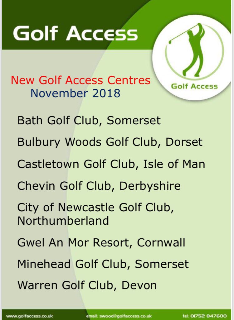 There were 8 new @GolfAccessUK Centres signed up in November 2018

We are looking forward to working with <a href="/BathGolfClub/">Bath Golf Club</a> <a href="/BulburyGolf/">Bulbury Woods GC</a> <a href="/CastletownGolf/">CastletownGolfLinks</a> <a href="/ChevinGolf/">Chevin Golf Club ⛳️</a> <a href="/CityofnclGC/">City Of Newcastle GC</a> <a href="/LandalGwelanMor/">Landal Gwel an Mor</a> <a href="/MineheadWSGC/">Minehead and West Somerset Golf Club</a> &amp; <a href="/DawlishWarrenGC/">Warren Golf Club</a> and getting more people into golf at all 8 clubs in 2019