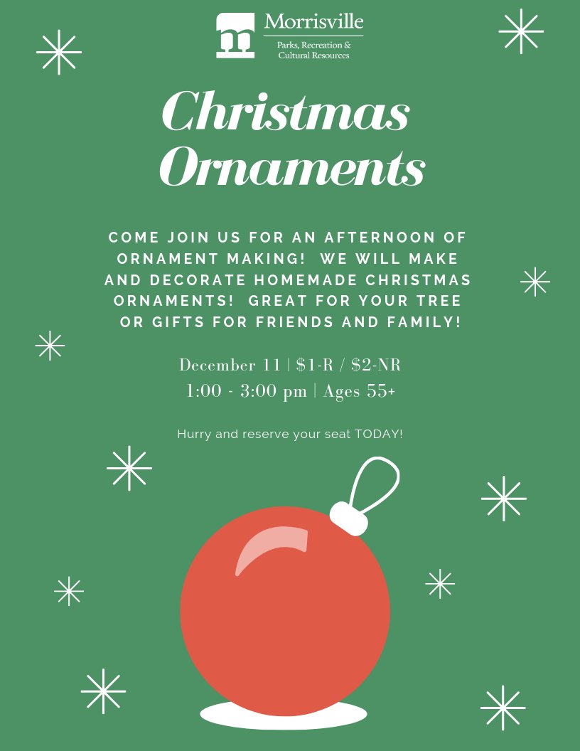 PlayMorrNC's tweet photo. Come join us and get in the holiday spirit making some Christmas Ornaments!  You will have several ornaments to take with you at the end!  Class located at Cedar Fork Community Center.  #PlayMorrSeniors #SeniorCrafts https://t.co/50OBi2k8pl