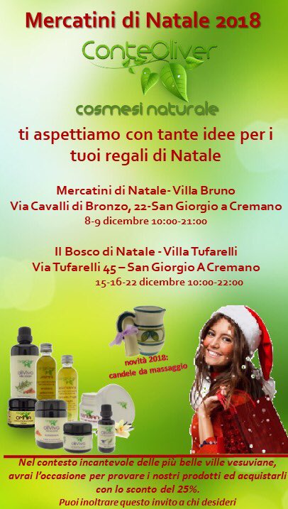 Mercatini di Natale 2018 all’insegna della #cosmesi naturale.Tante idee regalo  e tante  novità: le candele da massaggio profumate e la nuova linea Oliviva con creme ed oli da massaggio all’olio di oliva.  Vi aspettiamo!!!
#MercatiniDiNatale #cosmesinaturale #Xmasgift #Natale
