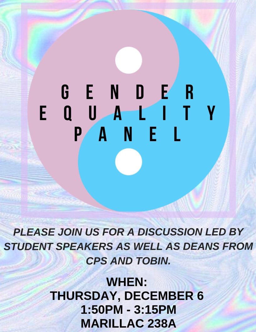 sju_fu's tweet photo. Hey guys! This thursday we’ll be hosting a panel about gender inequality in the workplace. We’ll be joined by deans from CPS and Tobin! https://t.co/vKu0tY4Yx4