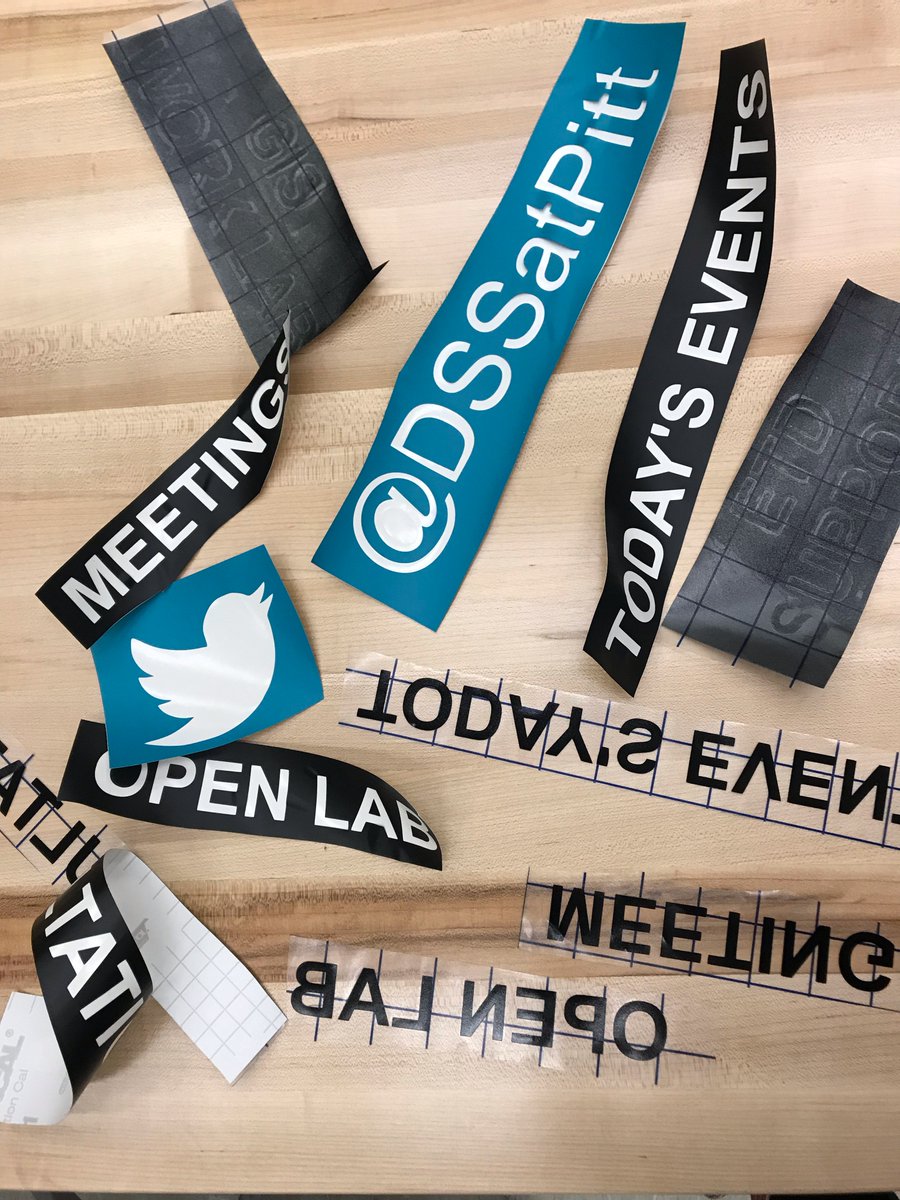 DSSatPitt's tweet photo. Fun with #vinyl in the #OpenLabatHillman today! Feeling inspired to make some vinyl stickers of your own? Come see us in the #OpenLabatHillman M-Th 1-6pm Digital Scholarship Commons! @PittTeaching @DSSatPitt @PittLibraries #makerspace #sprucingthingsup #h2p #hillmanlibrary https://t.co/xNblpTWhng