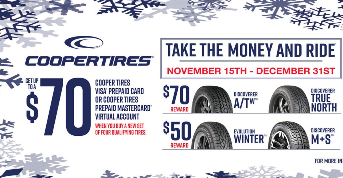 Get Up To A $70 Cooper Tires Prepaid Card or Virtual Account When You Buy A New Set Of Four Qualifying Tires.
