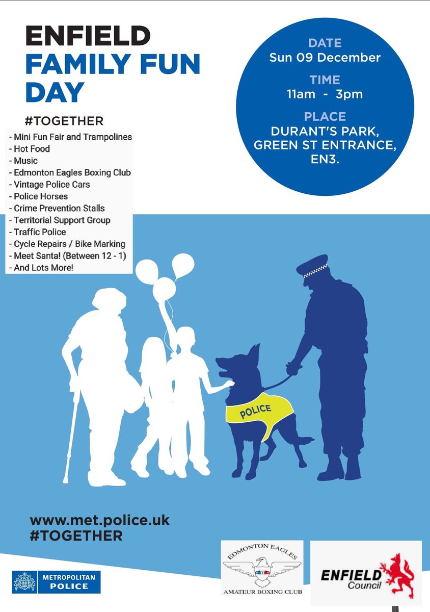 MPSEnfield's tweet photo. Save the date .. this Sunday 9th Dec.#Enfield family Fun day out for all the family @ Durrant’s Park EN3 Mini fun fair &amp; even Santa🎅will make an appearance. Police horses 🐎too. If you want to meet your local Police Team please pop down and speak to @MPSEnfieldHW #Together SC https://t.co/tfxllsrUBh