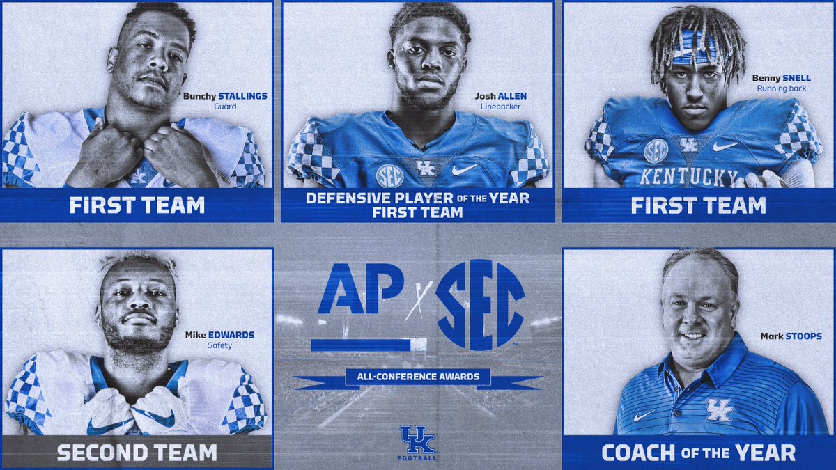 UKFootball's tweet photo. Joining @JoshAllen41_ and @UKCoachStoops in being honored by @AP are @benny_snell, @stallingsboi70 and @M__Edwards7. Most AP All-SEC honors for Cats since 1998! #GetUp https://t.co/ExsIU5oj0I