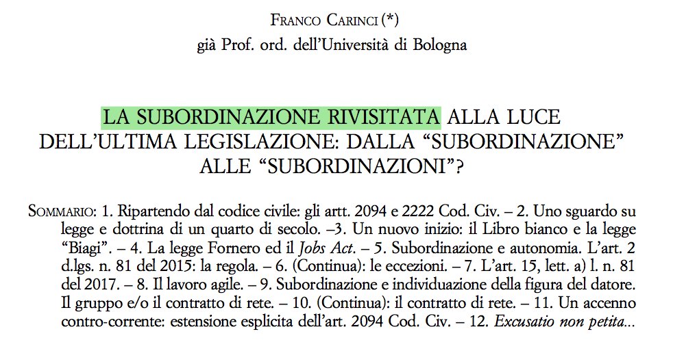 MarcoMenegotto's tweet photo. #daleggere #FrancoCarinci (ADL, 3/2018) su #subordinazione(i), #autonomia, #cococo, #lavoroagile e #reteimprese. > #lavoroagile come vera fattispecie che pone in discussione la tenuta della stessa tradizionale nozione del 2094 cc #PhD_MARM https://t.co/VCpNgLbhCR