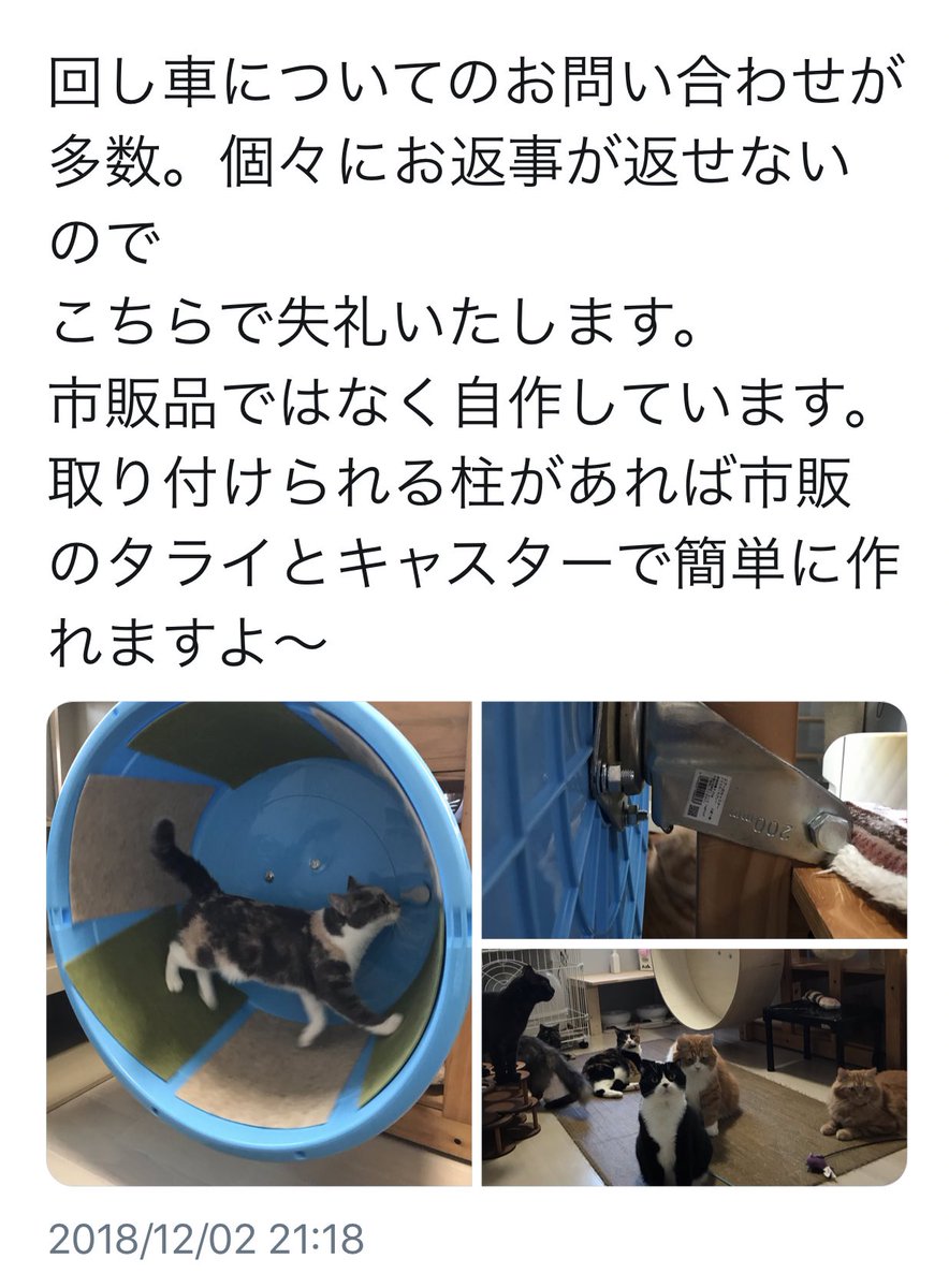 ネコまにあ家 13匹の猫達 どの分 についてかな 今使ってる木製の回し車ならば 工作所に依頼して作ってもらったものです タライは75型 キャスターは写真の キャスター使用です 後はつけられる柱があれば キャスターはタイヤがついてる物だった