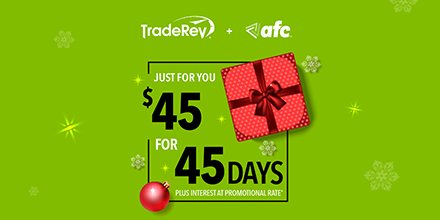 TradeRevTweets's tweet photo. Until December 30, finance your #TradeRev purchases with @AFC_Floorplans for up to 45 days for just $45, plus pay interest at a promotional rate. Learn more: https://t.co/Iz0actQ5b5 https://t.co/vH7E5579aW