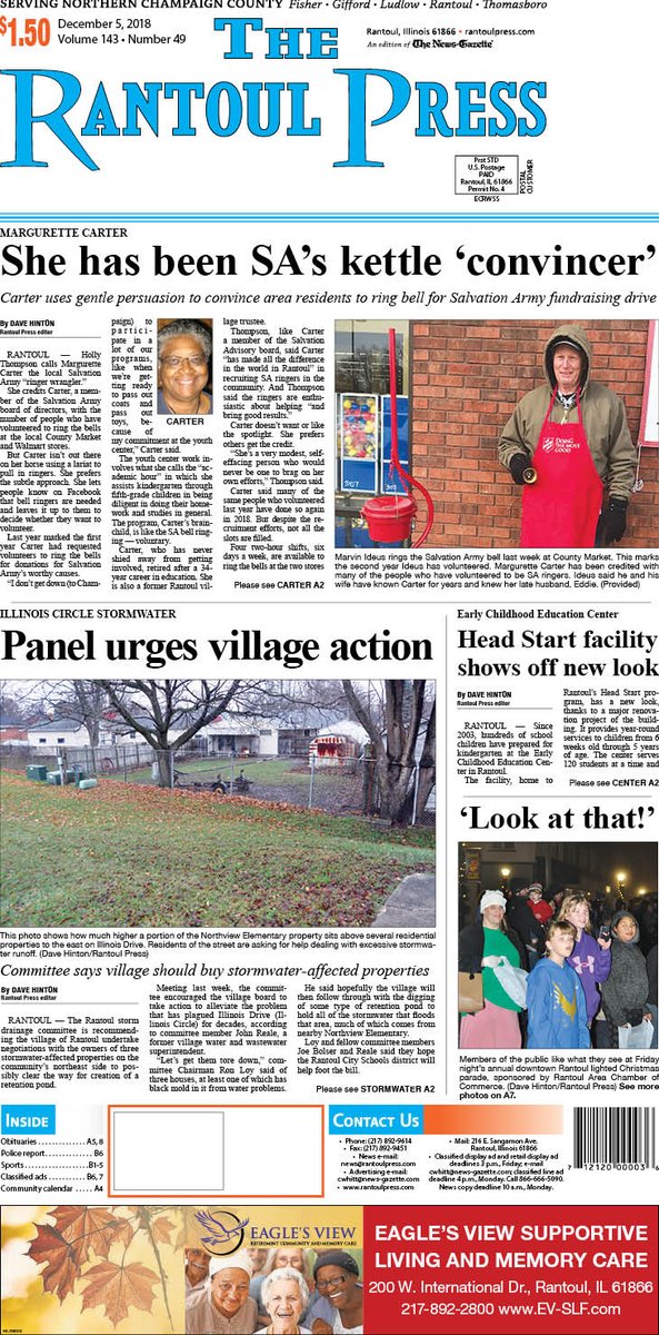 This week's Press ft. Margurette Carter and the Salvation Army's successful fundraising campaign + the Rantoul storm drainage committee's recommendation for <a href="/Rantoul_IL/">Village of Rantoul</a> to buy stormwater-affected properties