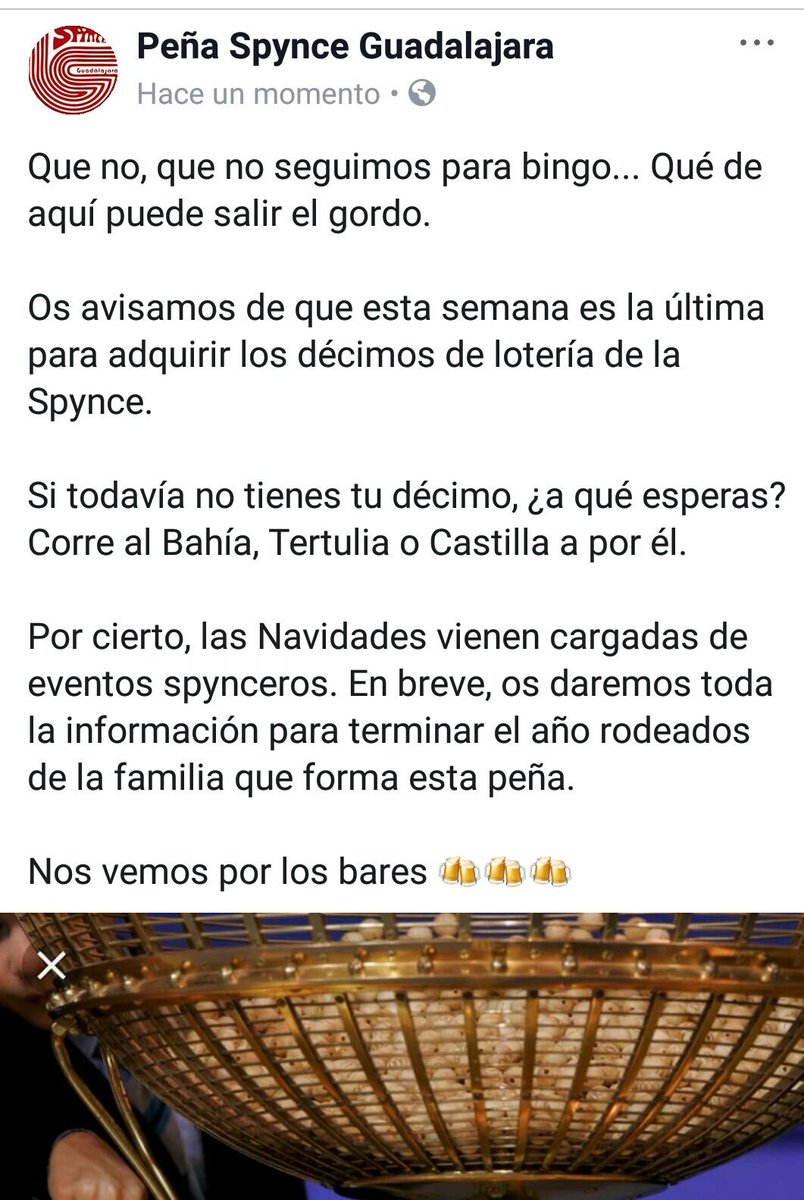 Déjate de bingos, que viene lo gordo.

Última semana para adquirir la lotería de Navidad de Spynce.

Más adelante, os daremos información sobre los eventos navideños.