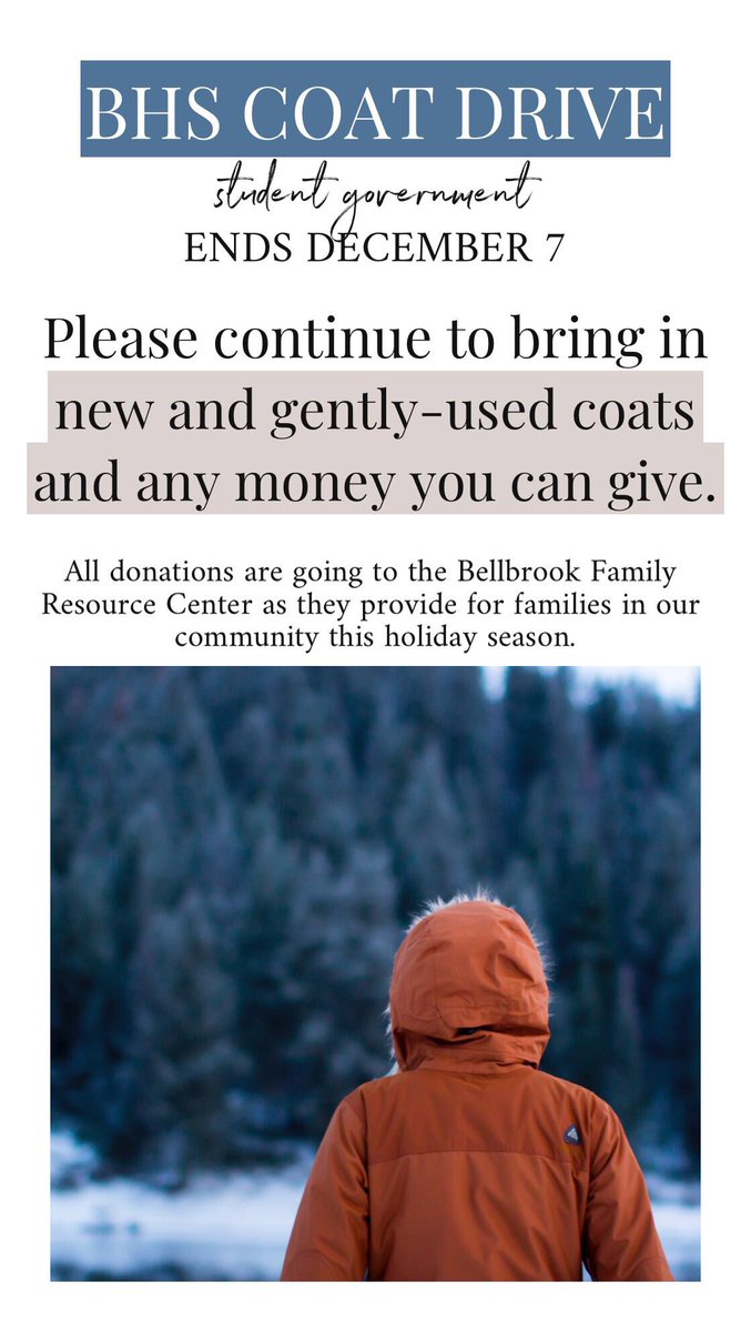 brookstudentgov's tweet photo. This is the LAST WEEK of our Coat Drive for the Bellbrook Family Resource Center, &amp; we need as much support as possible! Any money or coats you can donate are going to make a difference in our community this holiday season. Donation bins @ BHS are outside the office! #MakeAChange https://t.co/hTYKhoeJ3H