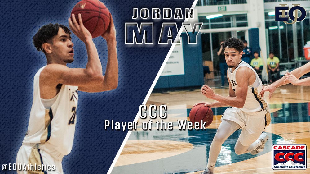 EOUAthletics's tweet photo. JORDAN MAY is the @CCCSports Men's Basketball Player of the Week!! 🏀 🏅

May averaged 26 points in 2 games and led #EOUmbb to an upset of No. 13 SOU!! Congrats Jordan! 🙌

#TheEasternWay https://t.co/UWt22vS7EC