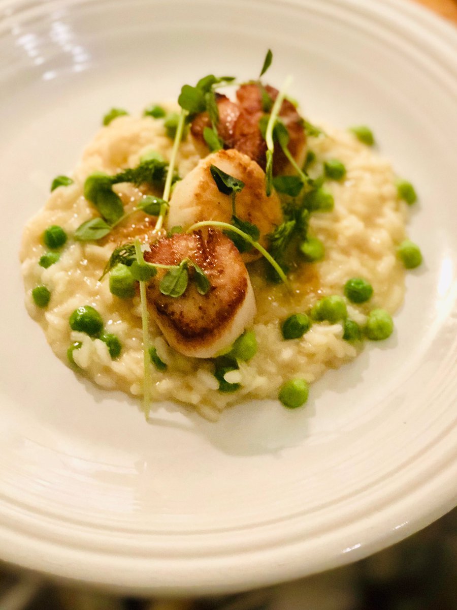 chefalexander1's tweet photo. 3 course dinner part last night! Lemon &amp; pea risotto w/ seared scallops, duck confit, chocolate Carmel mousse cake with honey thyme ice cream https://t.co/5kjziJW8Cx