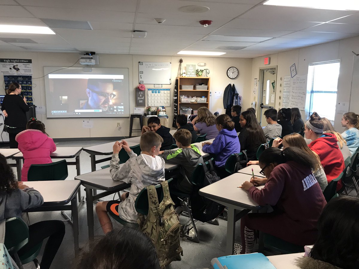 MandyatSchool's tweet photo. Got to join a Google Hangout today with @mbcovington2 class today and an animator at Pixar! Students learned how Math plays a part in making animated movies. Awesome to meet the man who worked on so many movies from my childhood! #prosper4ward #transformprosper @ProsperRogersMS https://t.co/qd10aduyZV
