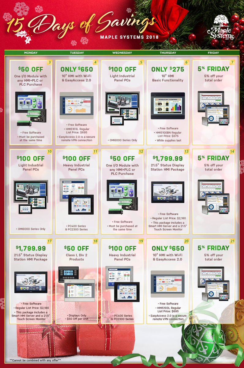 MapleSystemsInc's tweet photo. Our December sales have started this week! Take a closer look on our Sales & Promotions page for more details: https://t.co/zJlqYwiwr0 #HMI #PLC #IndustrialPC #HMIPLC #RemoteAccess #IIoT https://t.co/SEHkxmBy7A