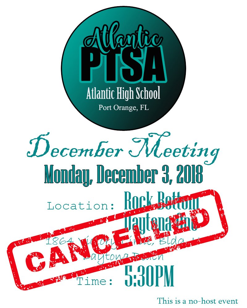 AtlanticPTSA's tweet photo. We apologize for the late notice in regards to tonight's 12/3/18 cancellation for our December PTSA meeting. We will be rescheduling and will send out an email to advise you of new time and date https://t.co/6zFS2zOHFk