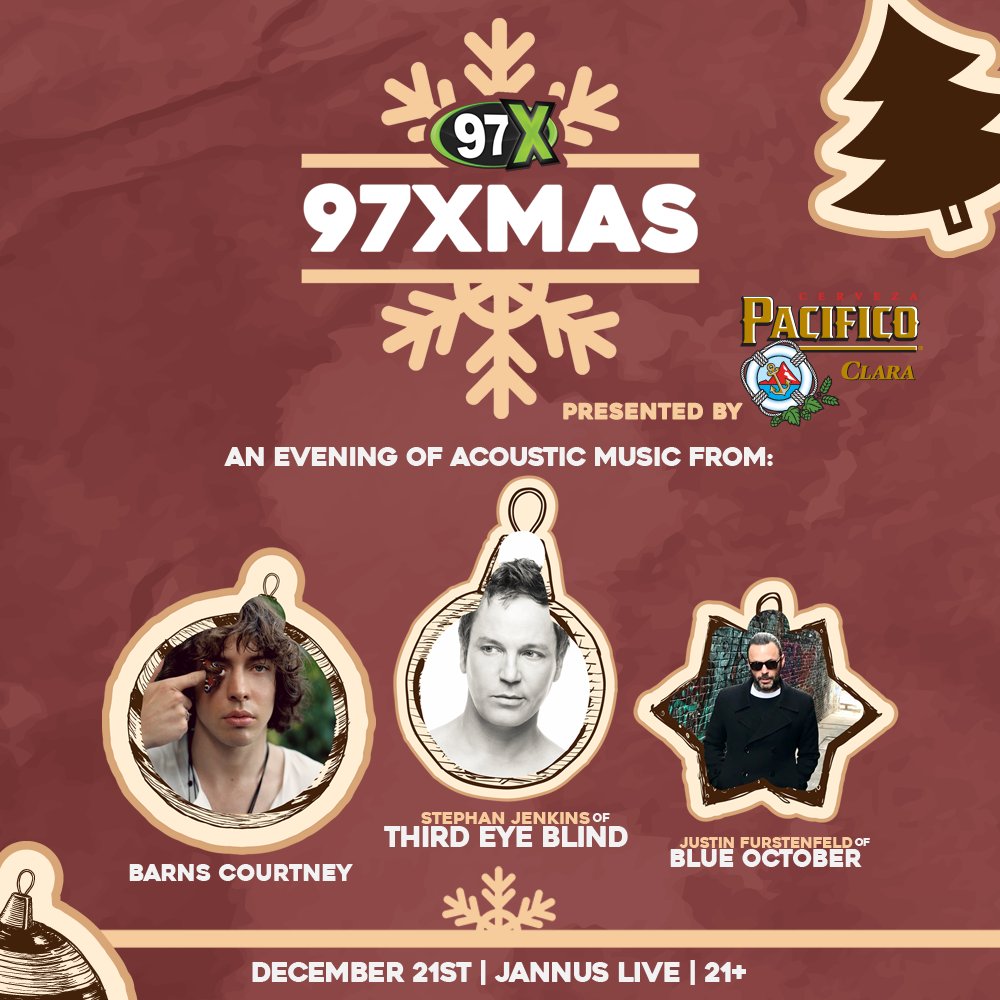 97xonair's tweet image. And you thought your Christmas tree was LIT! 🔥
#97XMAS is BACK! A free acoustic show with @BarnsCourtney, @blueoctober, and @ThirdEyeBlind presented by @Pacifico_Beer!! 🤘🍻 Grab your ugly Xmas sweater and head to @JannusLive 12/21! (21+) 

DROPS! » 97xonline.com/97xmas2018/