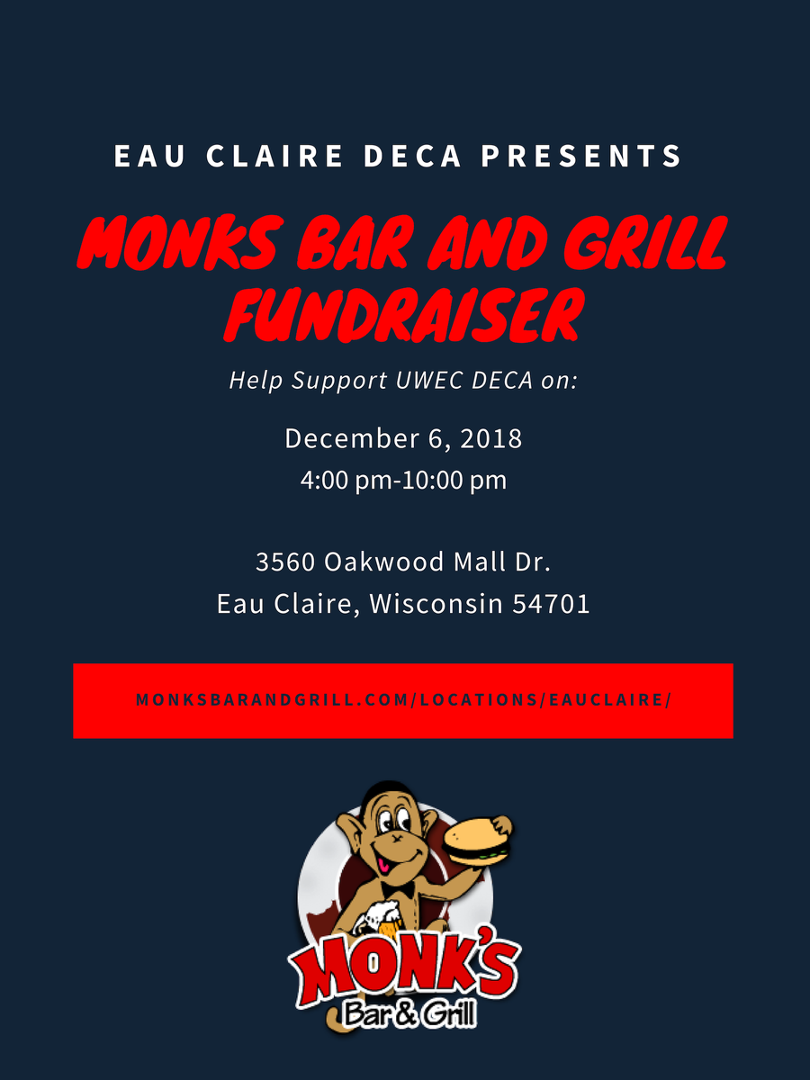 UWEC_DECA's tweet photo. Enjoy a great meal and support UWEC DECA! When you dine at Monk’s Bar &amp; Grill On December 6 from 4pm-10pm, you can help to raise money for our organization! Just tell your server you’re there for UWEC DECA! Hope to see you all there! https://t.co/8EDiJ2PoRP