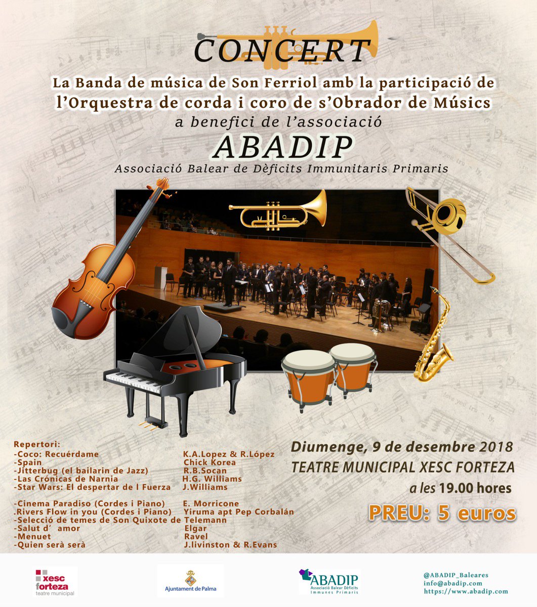 ABADIP_Baleares's tweet photo. 🔝¡Os esperamos el próximo domingo día 9 a las 19:00 h. en el Teatre Xesc Forteza!🔝 ➡️Concierto a beneficio de Abadip. ➡️Precio entrada: 5 € #ABADIP #Palma #Mallorca #concierto #solidario #salud #inmunodeficiencias https://t.co/neDQ3Id5ip