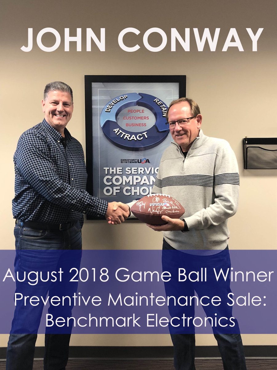 CSUSASW's tweet photo. We would like to congratulate Chandler Account Executive John Conway for his August Game Ball Winning Preventive Maintenance Sale! #csusasw #comfortsystemsusagameball #qualitypeoplebuildingsolutions #hvacpreventivemaintenance #azmechanicalcontractor #nmmechanicalcontractor https://t.co/EAVgtqBbSY